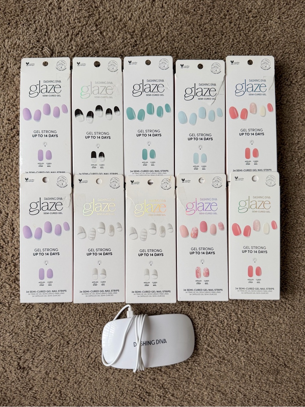 Dashing Diva Glaze Semi-Cured Gel Nail Strips & LED Lamp – Multi Color Set